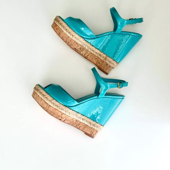 GUCCI Turquoise Patent Leather Espadrille Cork Wedge Sandals Size 38.5 US 8.5 - Picture 7 of 12